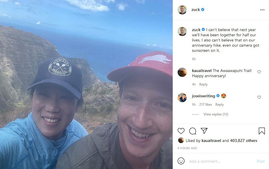 Zuckerberg and Wife Hike Kauai’s Awaawapuhi Trail for Anniversary
